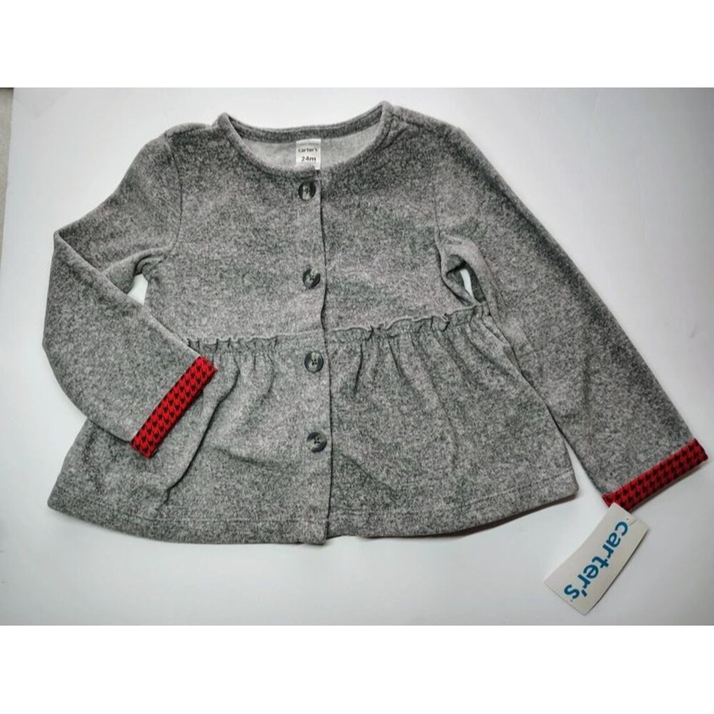 Carter's Baby Girls 24M Gray Fleece Peplum Jacket Cardigan Red Houndstooth Cuffs